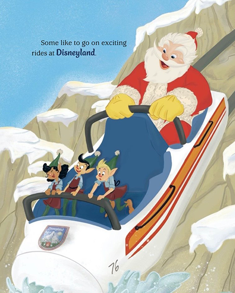 This page shows Santa Claus and the Elves enjoying the Matterhorn Bobsleds.