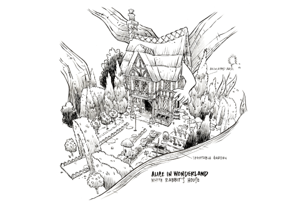 Don Carson drew this art of the White Rabbit House from Alice in Wonderland.